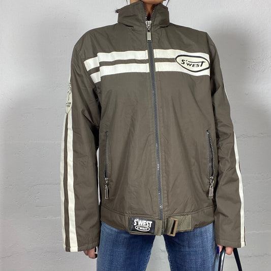 Vintage 2000's S'West College Girl Khaki Zip Up Sweater with Puma Back Print (M)