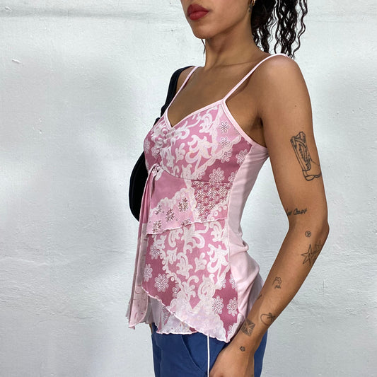 Vintage 90's Summer Soft Girl Top with Layered Frills and Floral Print (S/M)