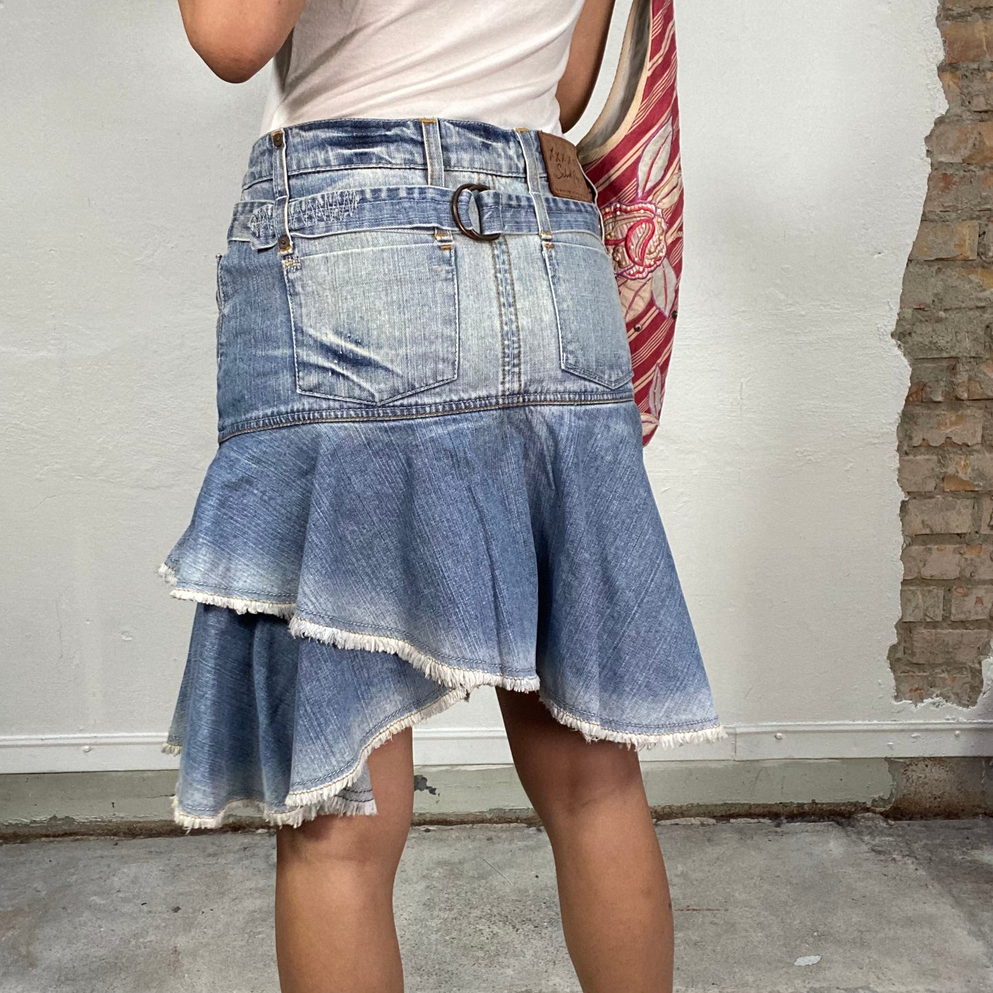 Vintage 2000's Downtown Girl Denim Layered Midi Skirt with Raw Hem (S/M)