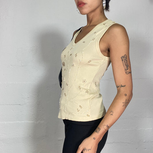 Vintage 90's Classic Beige Floral Print Top with Rhinestones Embellishment Detail (S/M)