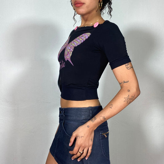 Vintage 2000's Exotic Pink Butterfly Streetwear Tee with Button Accents  (S)