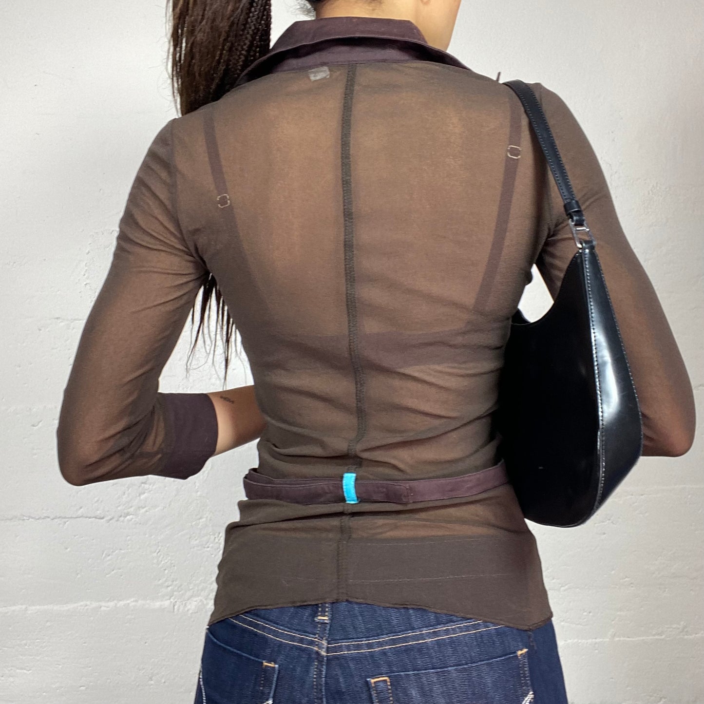 Vintage 2000's Rave Brown Belted Longsleeve Top with Blue Details (S)