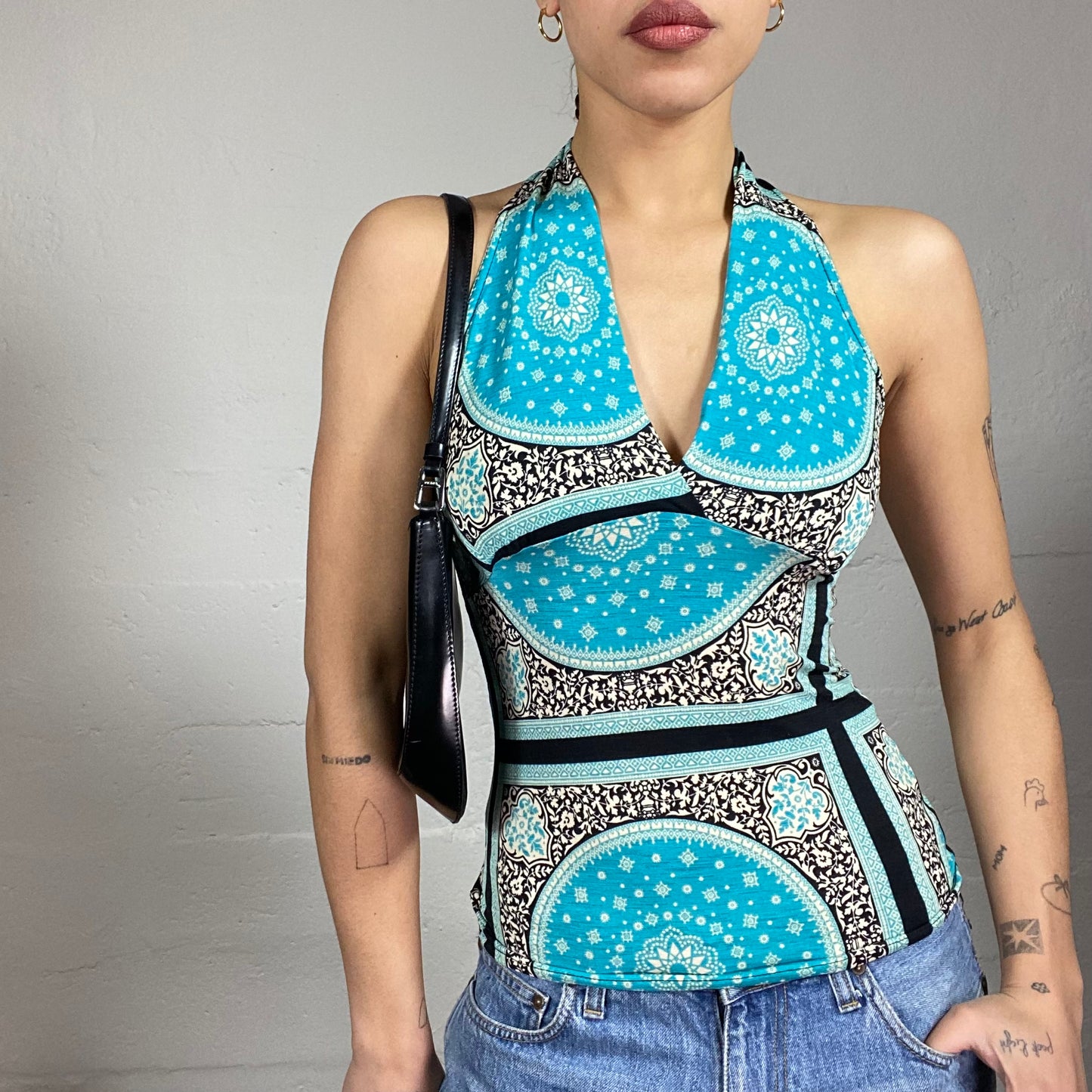 Vintage 2000's Boho Blue Highneck Top with Ethnic Mandala Print (S)