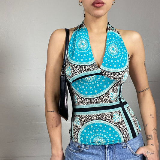 Vintage 2000's Boho Blue Highneck Top with Ethnic Mandala Print (S)
