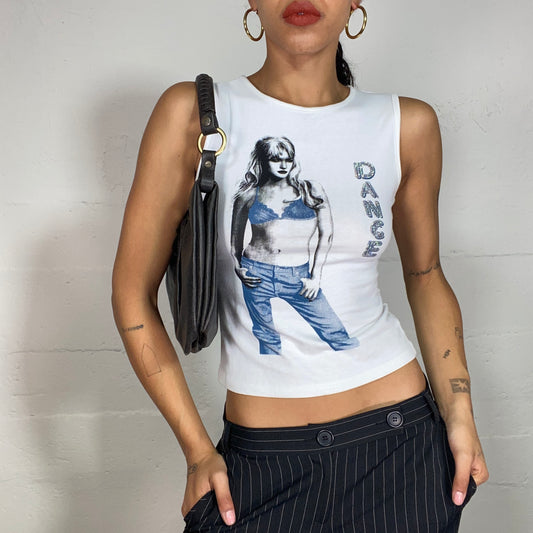 Vintage 2000's Downtown Girl Baby Blue Top with Denim Model Girl and "Dance" Glitter Print (S)