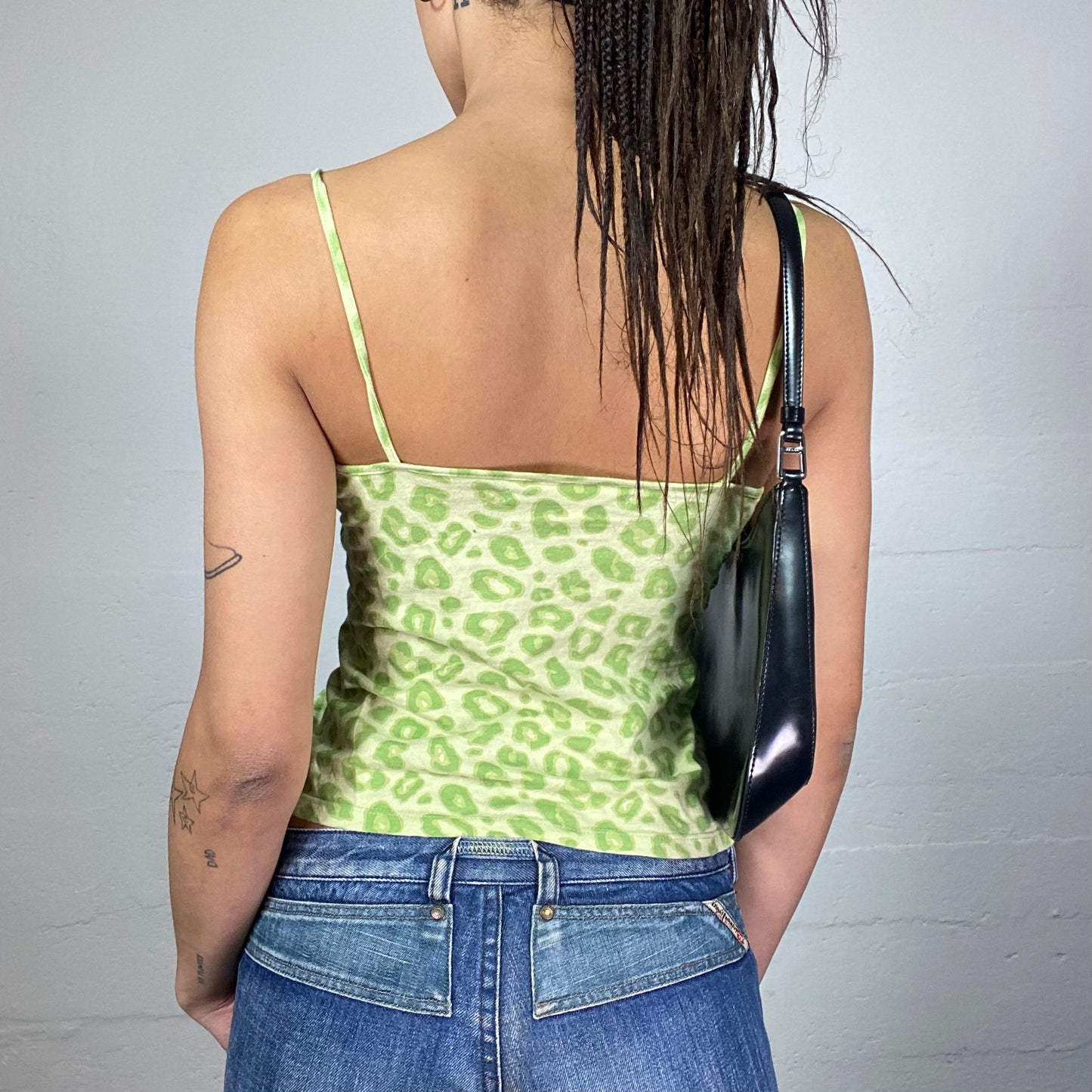 Vintage 2000's Cheetah Girl Green Top with Cheetah Print and Lace Detail (S/M)