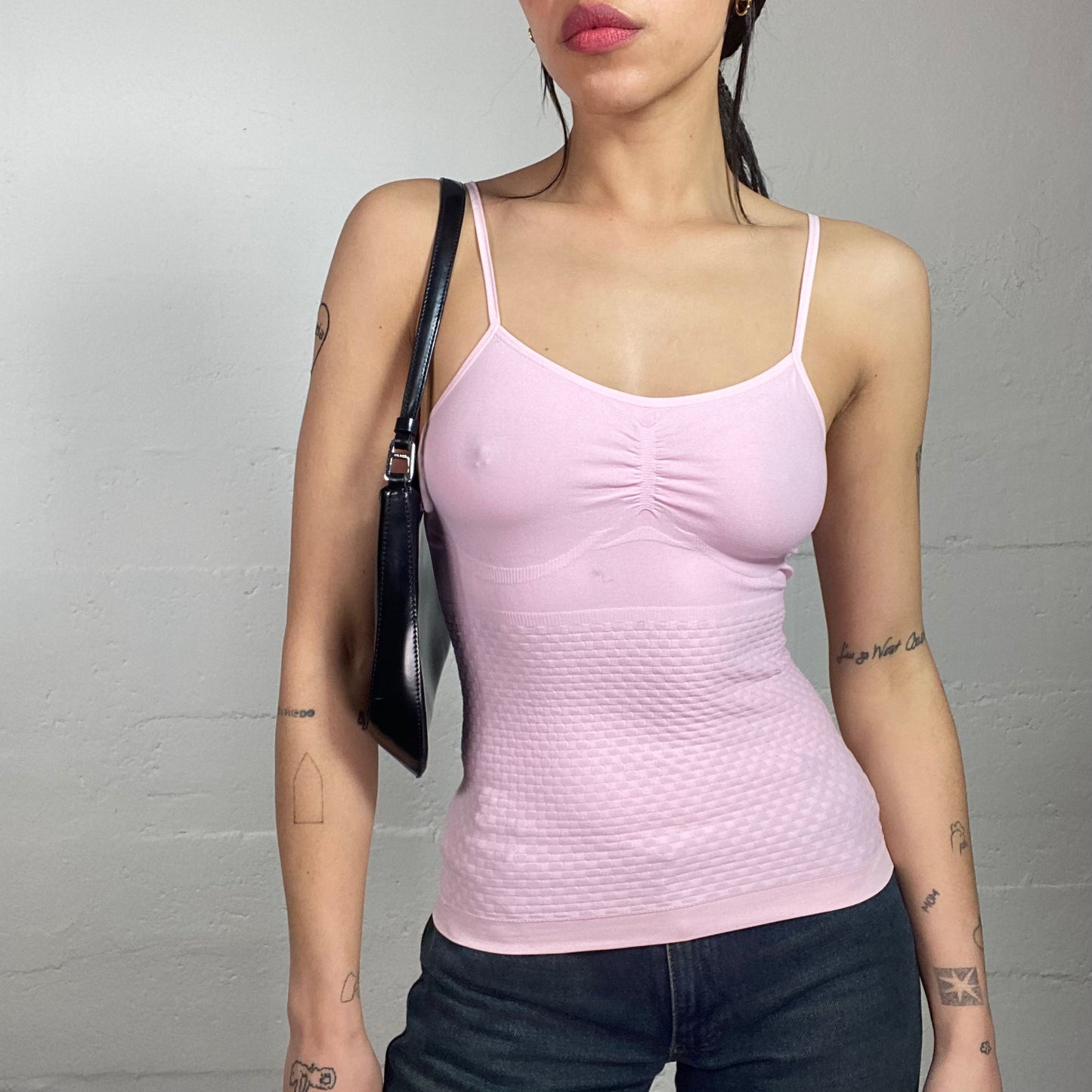 Vintage 2000's Downtown Girl Baby Pink Top with Textured Material Detail (M)