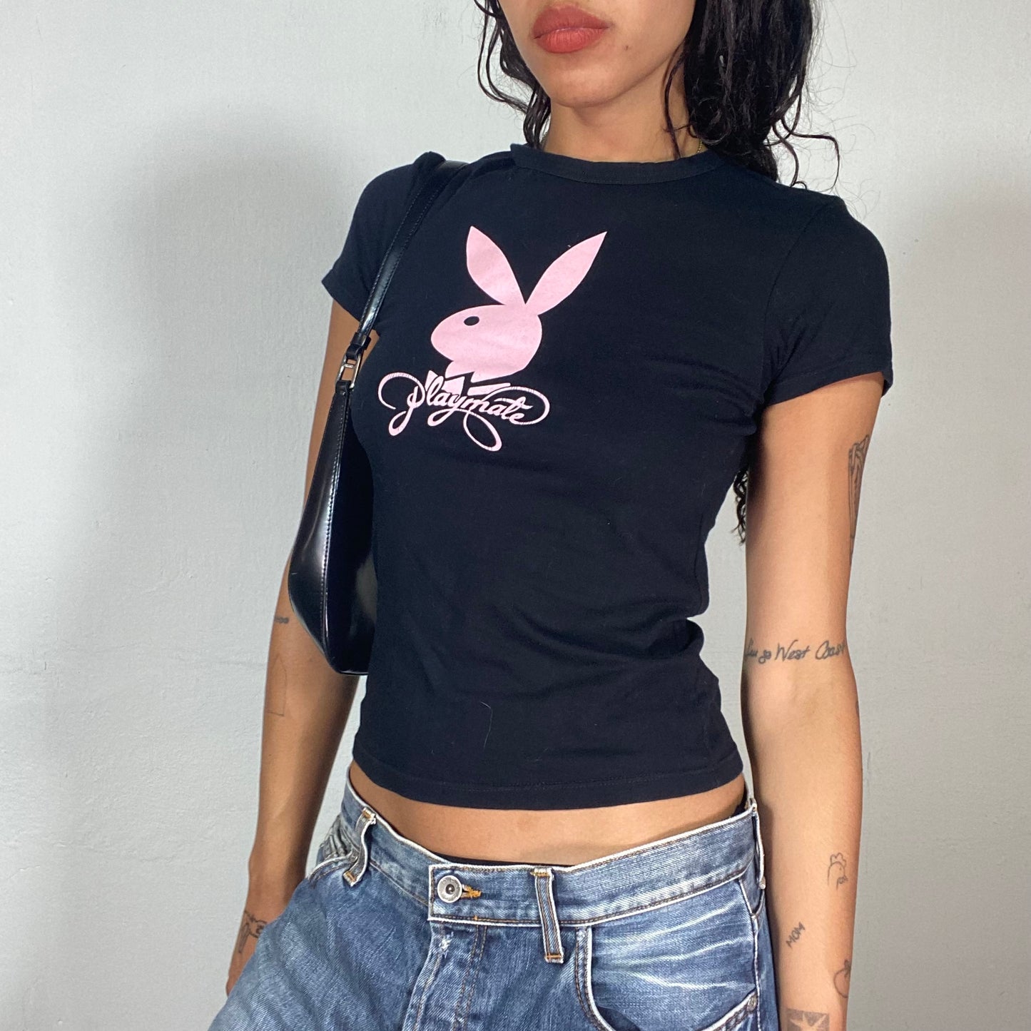 Vintage 2000's Playboy Downtown Girl Black Top with Pink Logo Detail (XS)