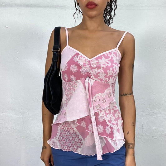 Vintage 90's Summer Soft Girl Top with Layered Frills and Floral Print (S/M)