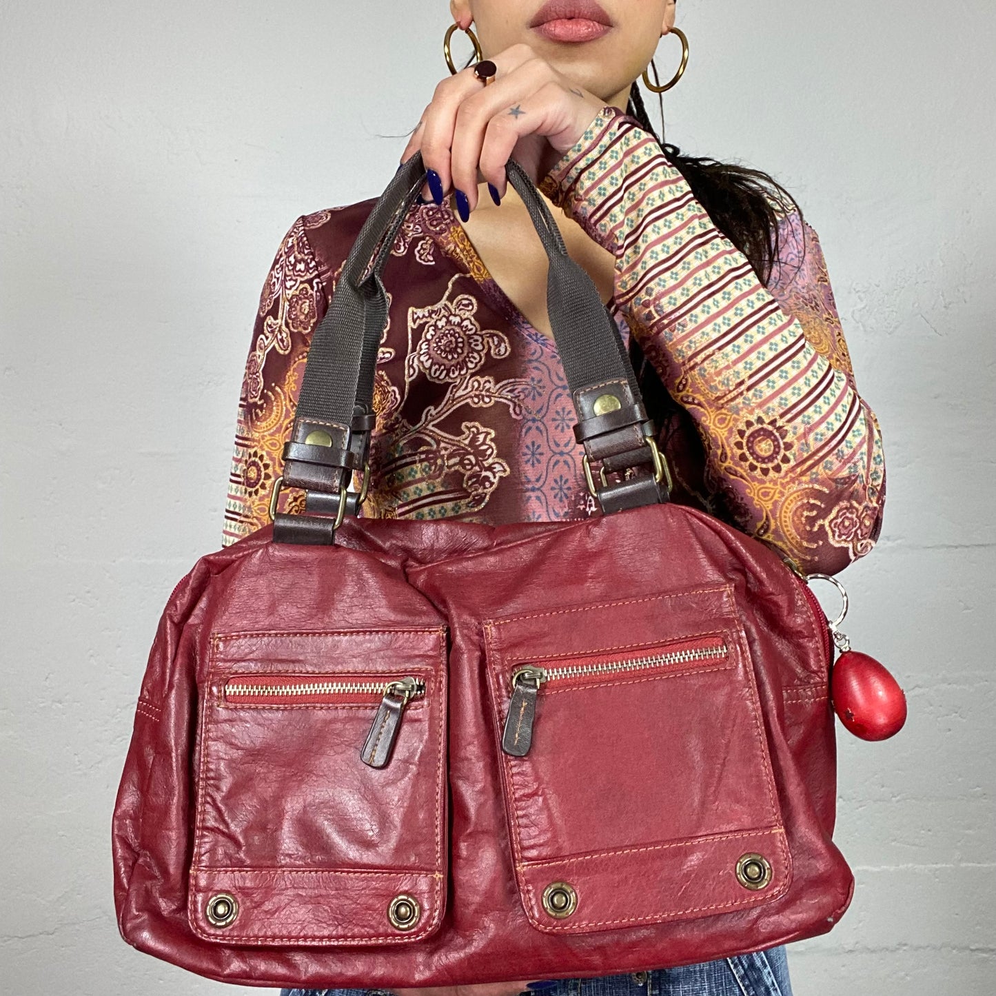 Vintage 2000's Cherry Red Shoulder Bag with Big Pockets Detail