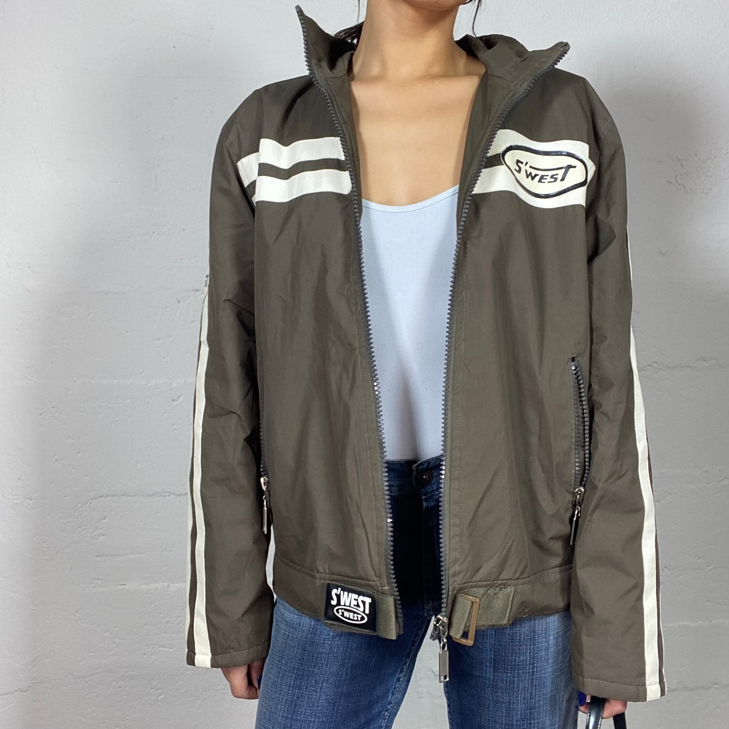 Vintage 2000's S'West College Girl Khaki Zip Up Sweater with Puma Back Print (M)