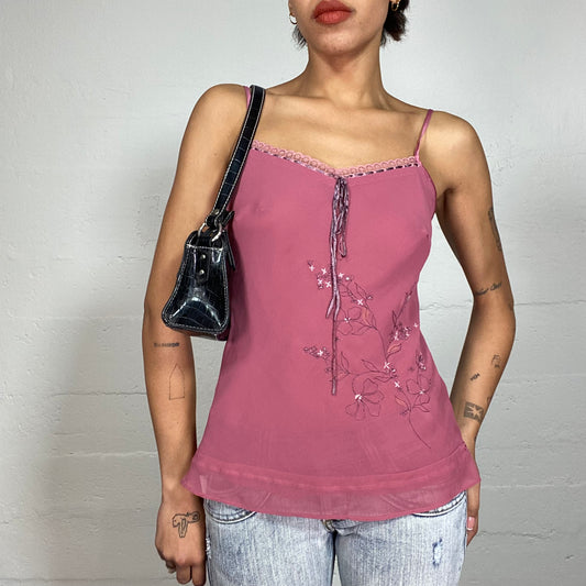 Vintage 2000's Ballet Pink Loose Top with Floral Embroidery Detail (S/M)