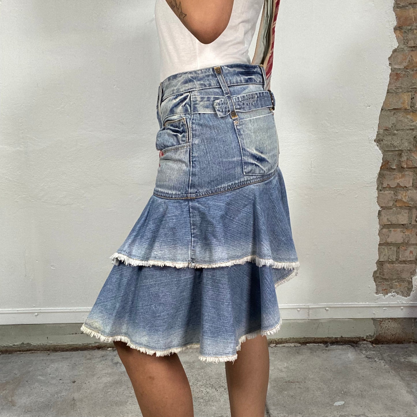 Vintage 2000's Downtown Girl Denim Layered Midi Skirt with Raw Hem (S/M)