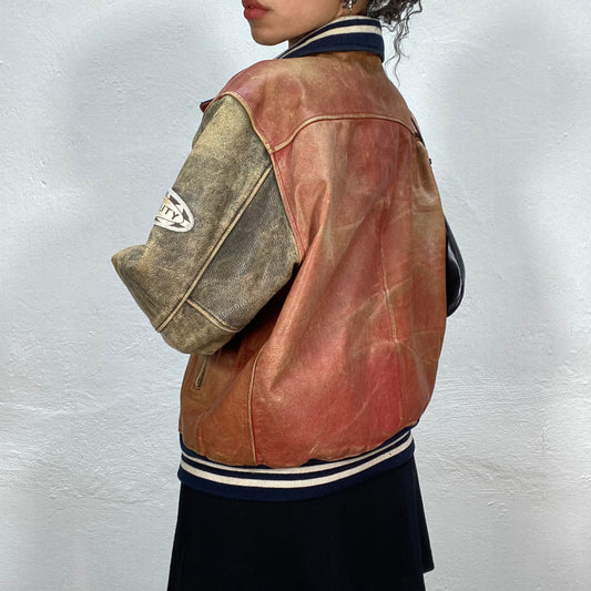 Vintage 90's Archive Red and Grey Leather Varsity Jacket with Navy Blue Color (M/L)