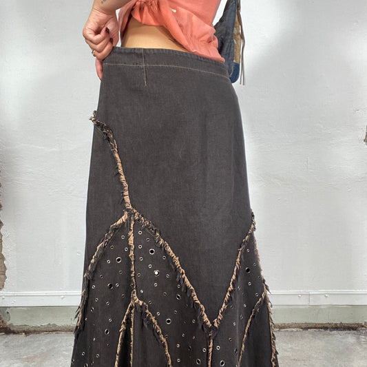 Vintage 90's Grunge Black Denim Maxi Skirt with Raw Hem and Eyelet Details (M/L)