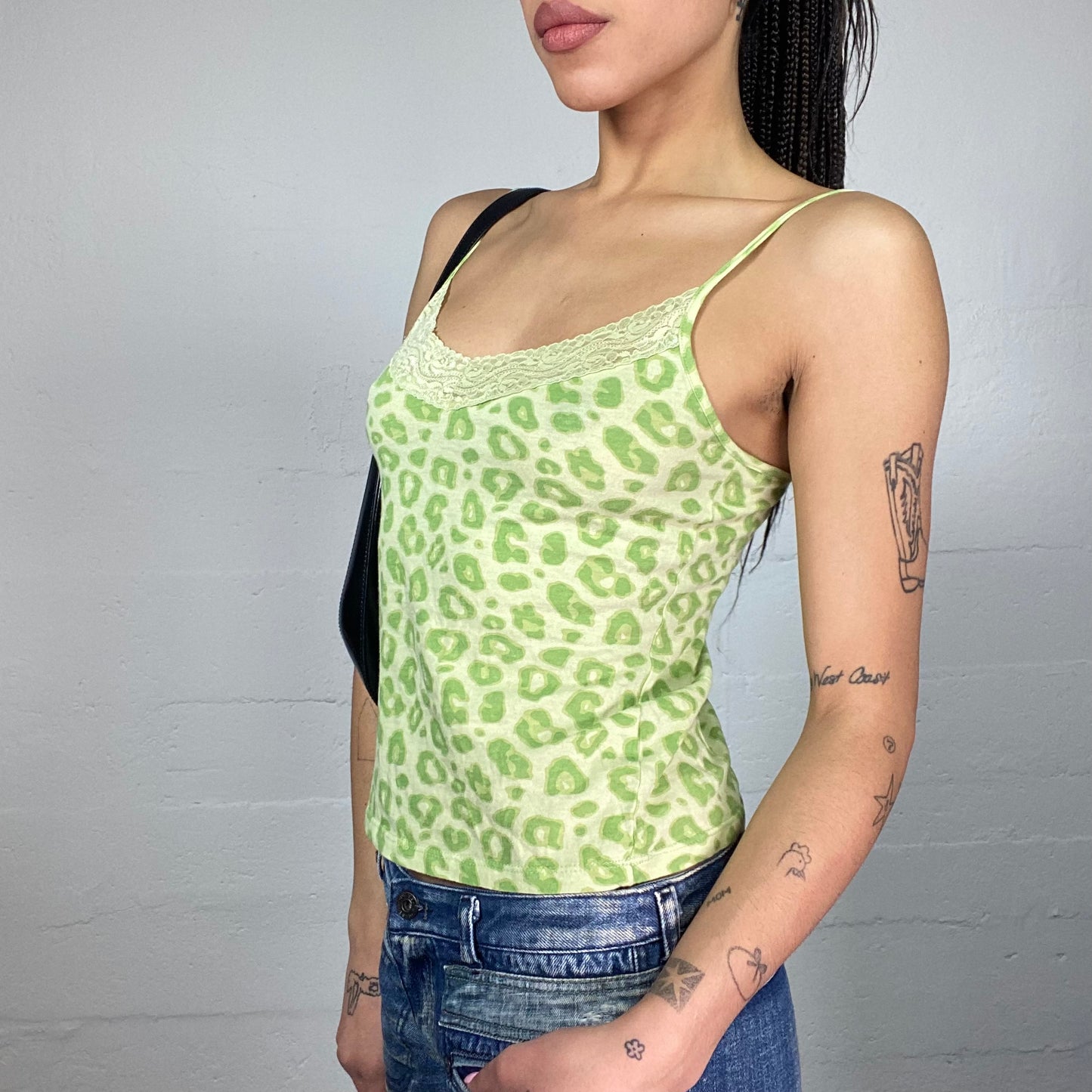 Vintage 2000's Cheetah Girl Green Top with Cheetah Print and Lace Detail (S/M)