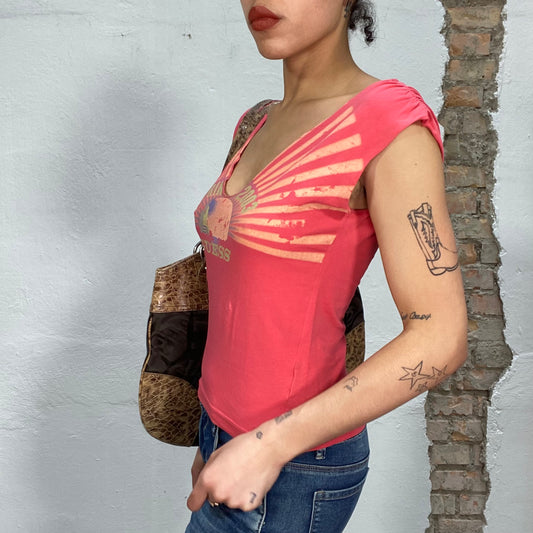 Vintage 2000's Guess Coral Red V-Neck Top with 'Spring 2003' Print (S/M)