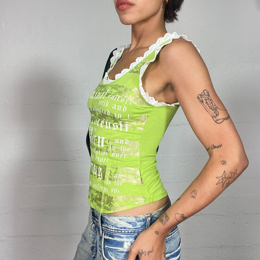 Vintage 90's Downtown Girl Lime Green Top with Grunge Typography Print and Lace Trim (S/M)