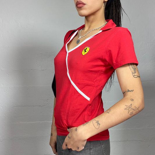 Vintage 2000's Ferrari Sporty Red Polo Top with Yellow Brand Logo Detail (M)