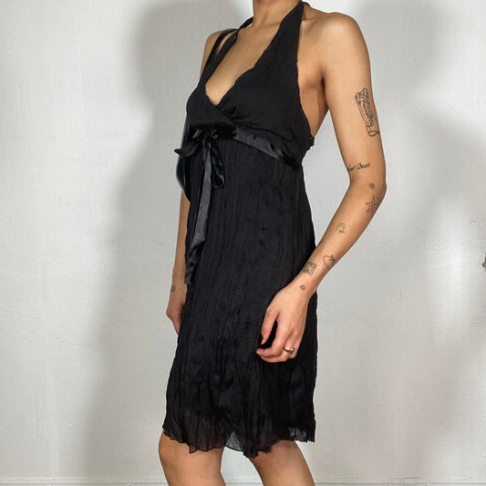 Vintage 2000's Festive Black Halter Neck Dress with Wrinkly Look (S/M)