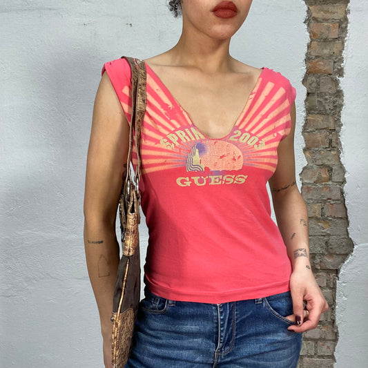 Vintage 2000's Guess Coral Red V-Neck Top with 'Spring 2003' Print (S/M)