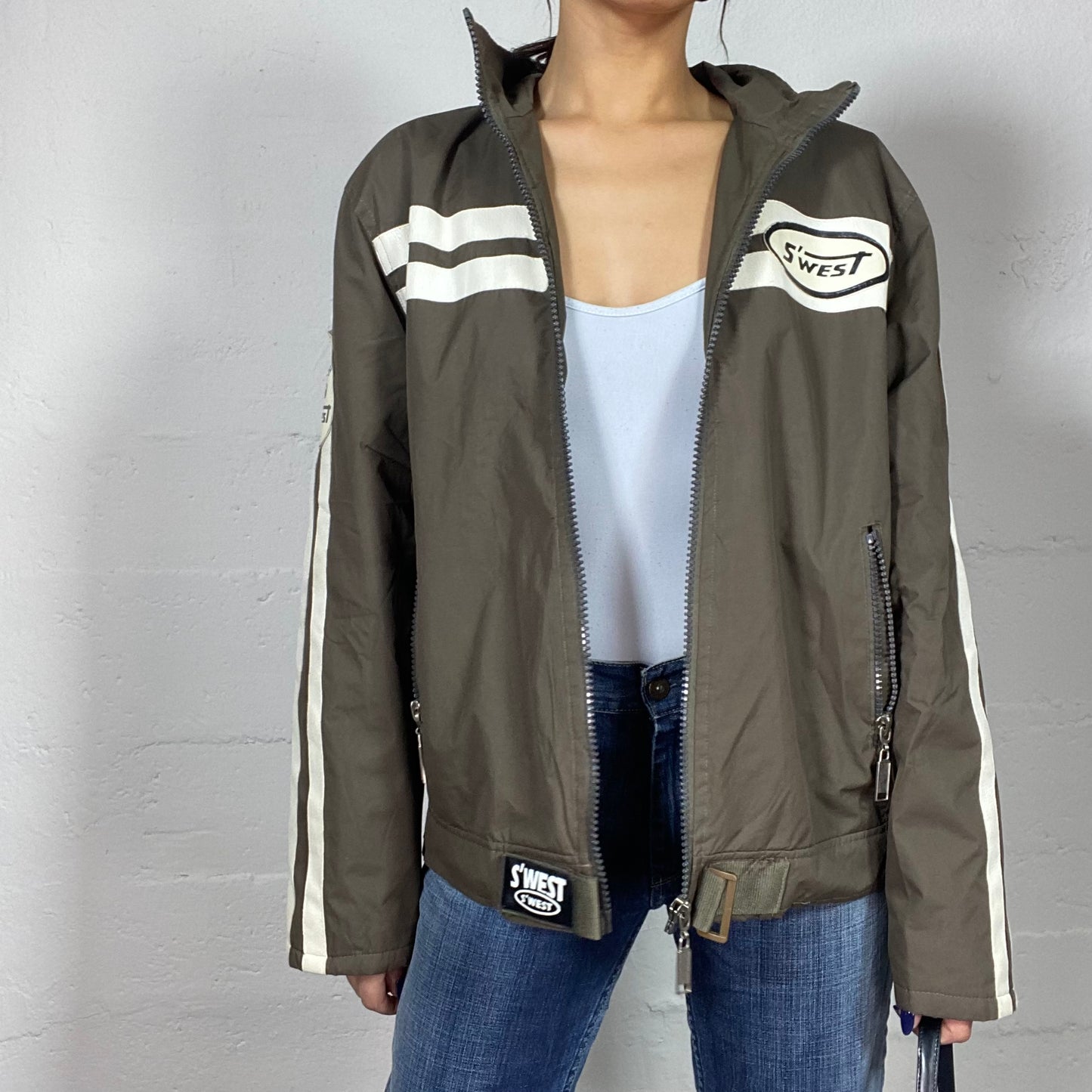 Vintage 2000's S'West College Girl Khaki Zip Up Sweater with Puma Back Print (M)