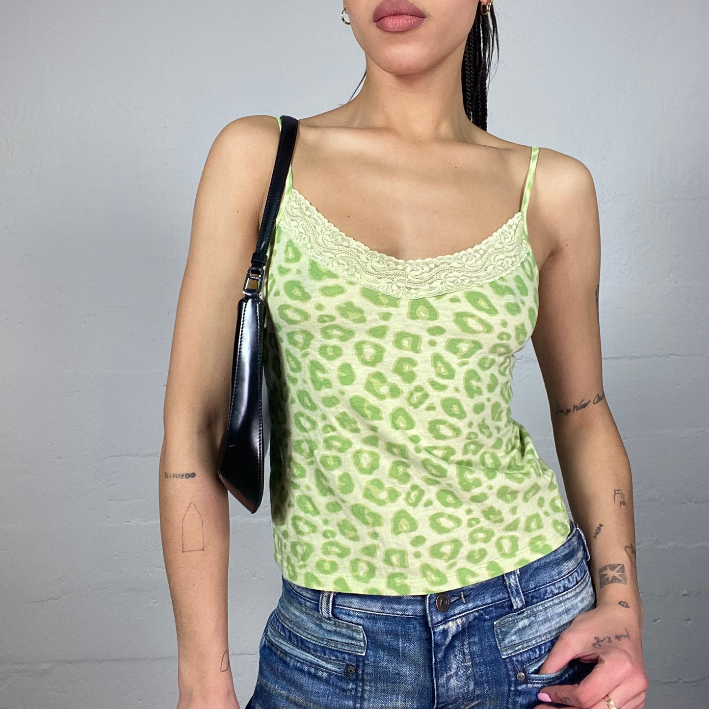 Vintage 2000's Cheetah Girl Green Top with Cheetah Print and Lace Detail (S/M)