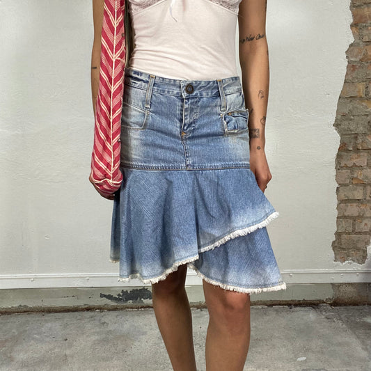 Vintage 2000's Downtown Girl Denim Layered Midi Skirt with Raw Hem (S/M)