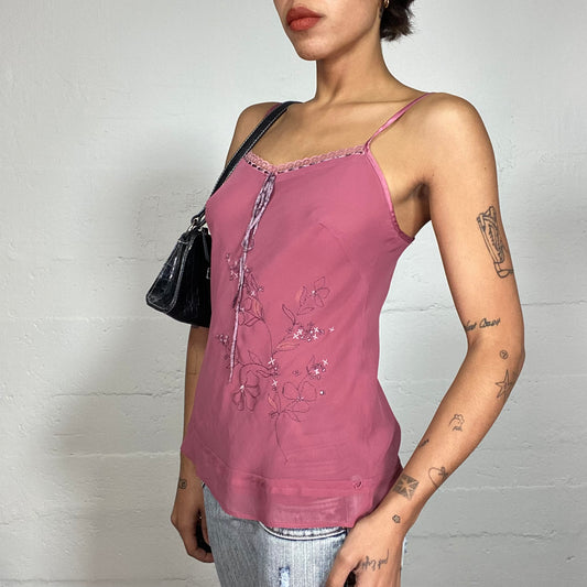 Vintage 2000's Ballet Pink Loose Top with Floral Embroidery Detail (S/M)