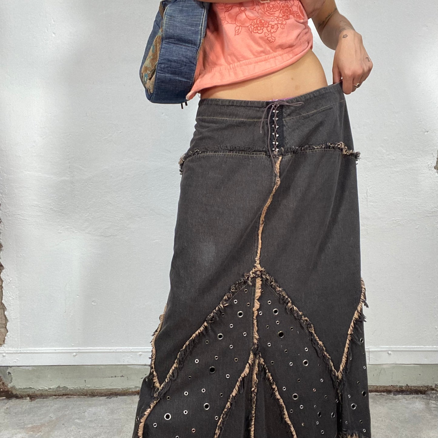 Vintage 90 s Grunge Black Denim Maxi Skirt with Raw Hem and Eyelet Det Michelle Tamar