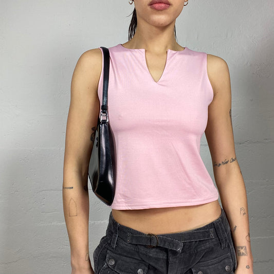 Vintage 2000's Soft Girl Pink Tank Top with V-Neckline Detail (M)