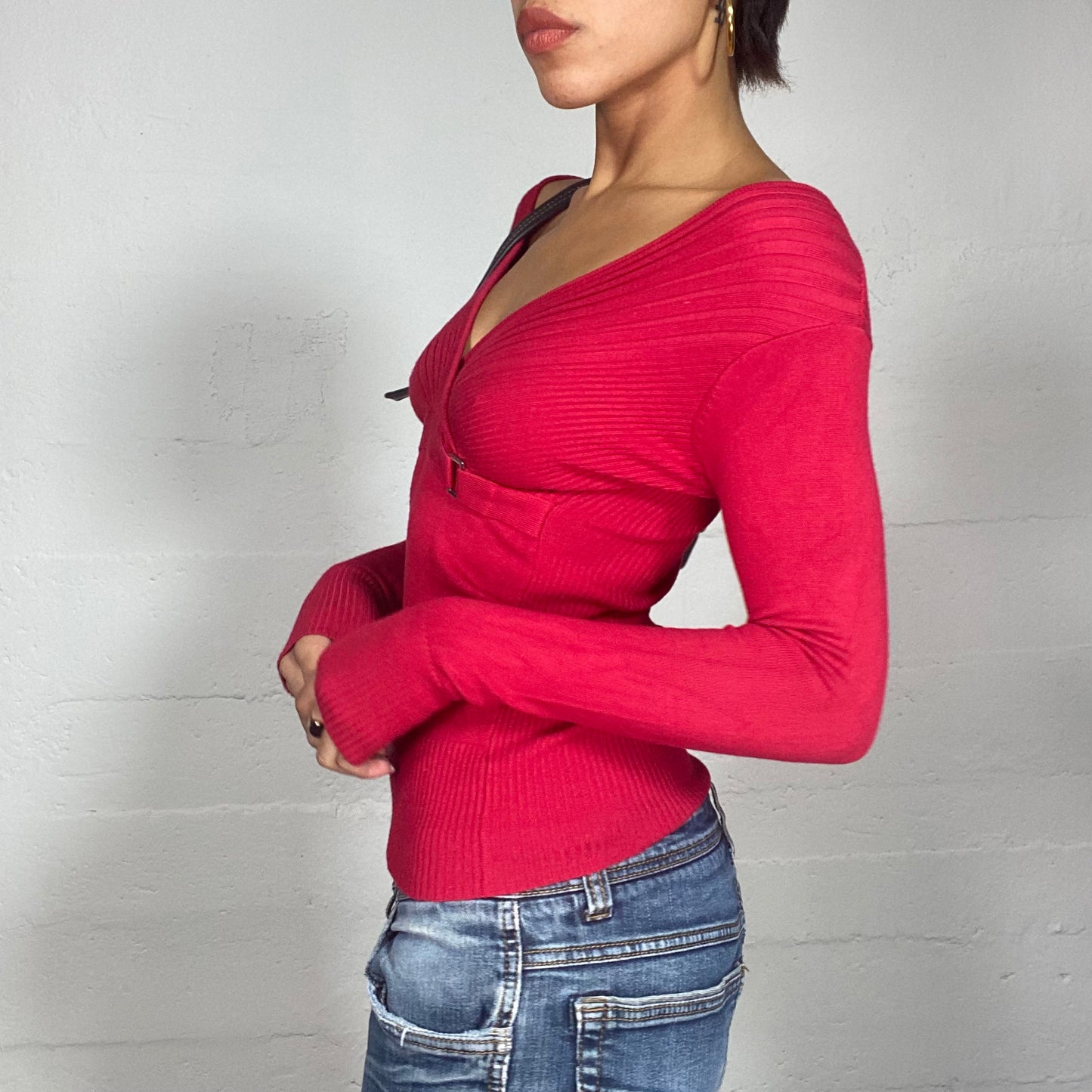 Vintage 2000's Bratz Red V-Neck Longsleeve Pullover with Belt Detail (M)
