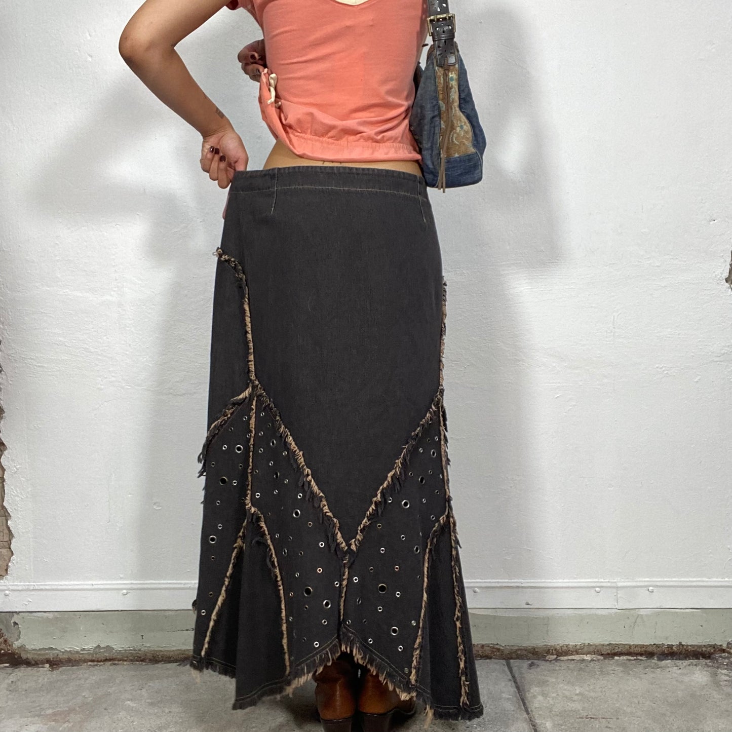 Vintage 90's Grunge Black Denim Maxi Skirt with Raw Hem and Eyelet Details (M/L)