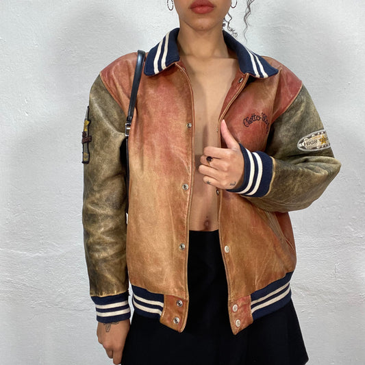 Vintage 90's Archive Red and Grey Leather Varsity Jacket with Navy Blue Color (M/L)