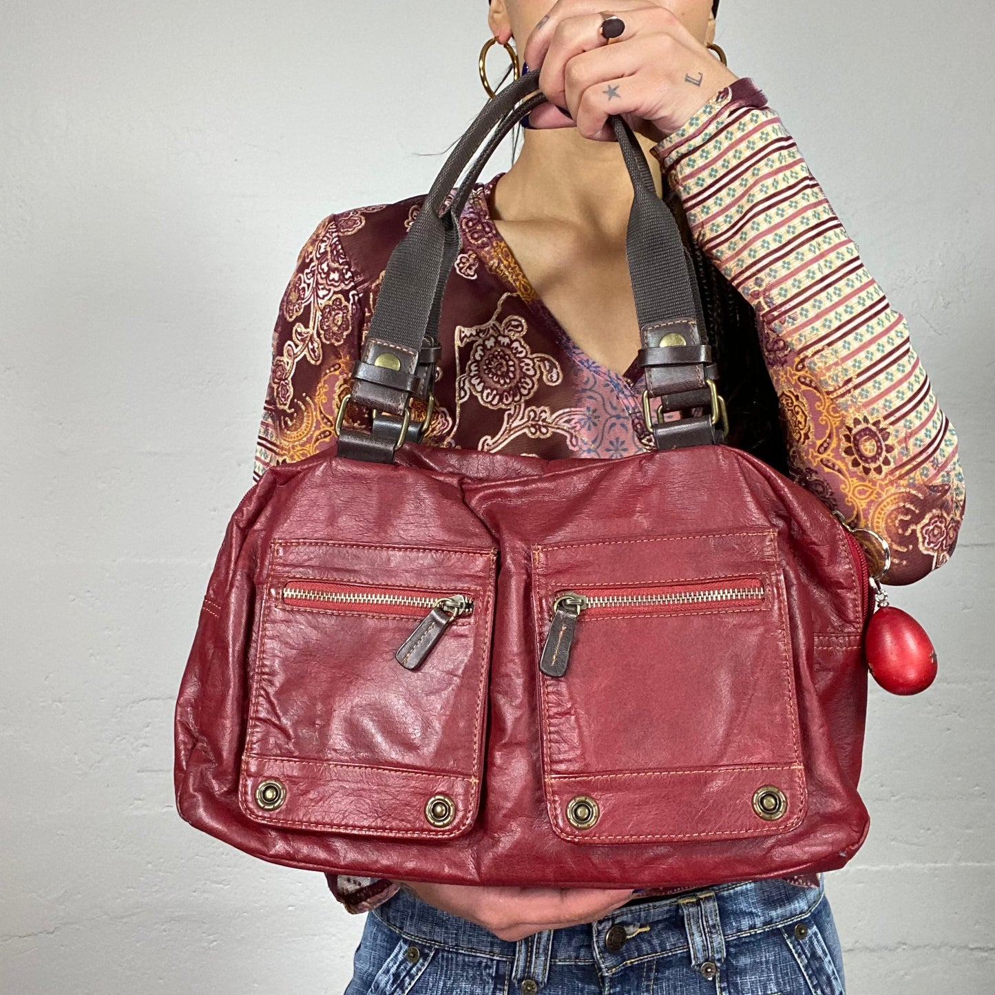 Vintage 2000's Cherry Red Shoulder Bag with Big Pockets Detail