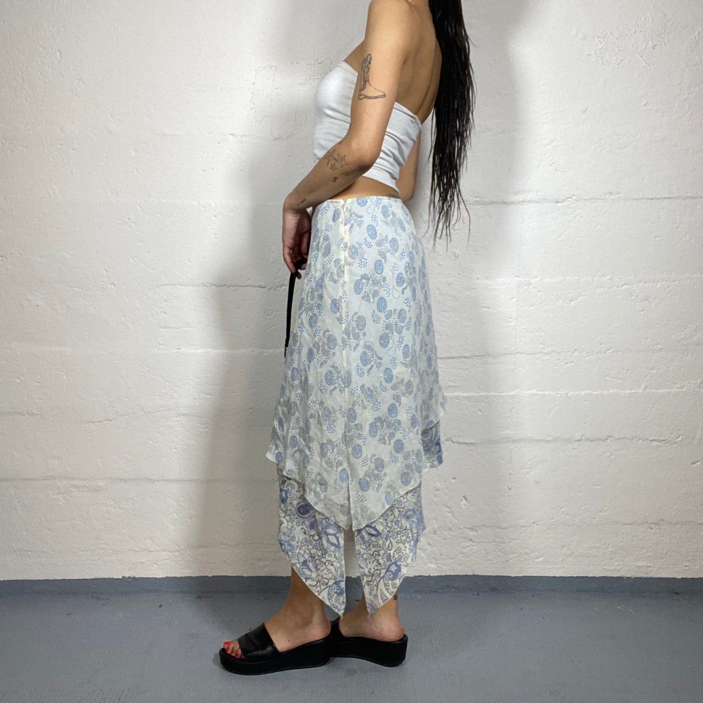 Vintage 2000's Boho Girl Baby Blue Asymmetric Layered Skirt with Paisley and Floral Volant Print (M)