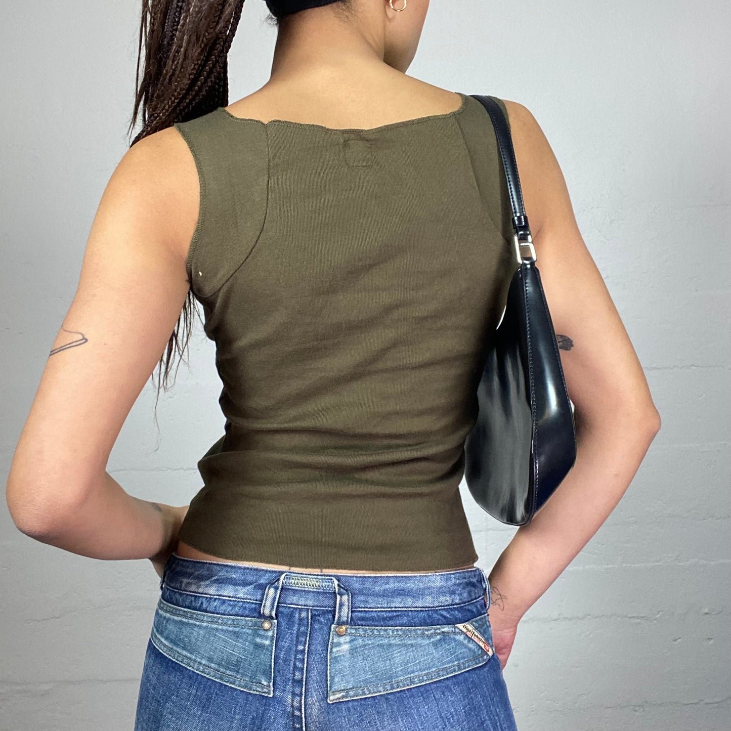Vintage 2000's Downtown Girl Khaki Top with "Classified Private Propety" Print Detail (S/M)