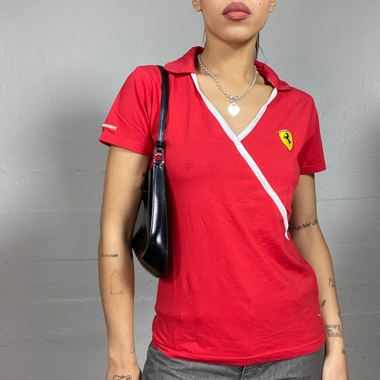 Vintage 2000's Ferrari Sporty Red Polo Top with Yellow Brand Logo Detail (M)