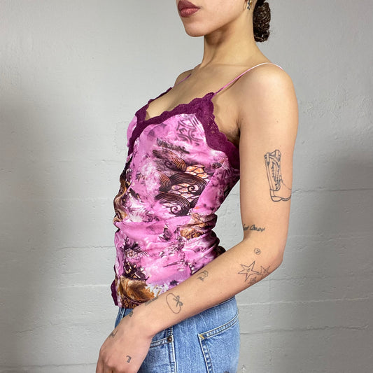 Vintage 90's Downtown Girl Pink Top with Ethnic Print and Lace Trim Detail (S