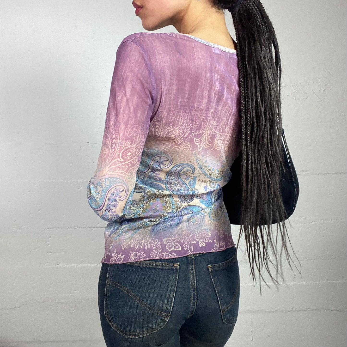 Vintage 2000's Boho Lilac Longsleeve Blouse Top with Paisley Print (M)