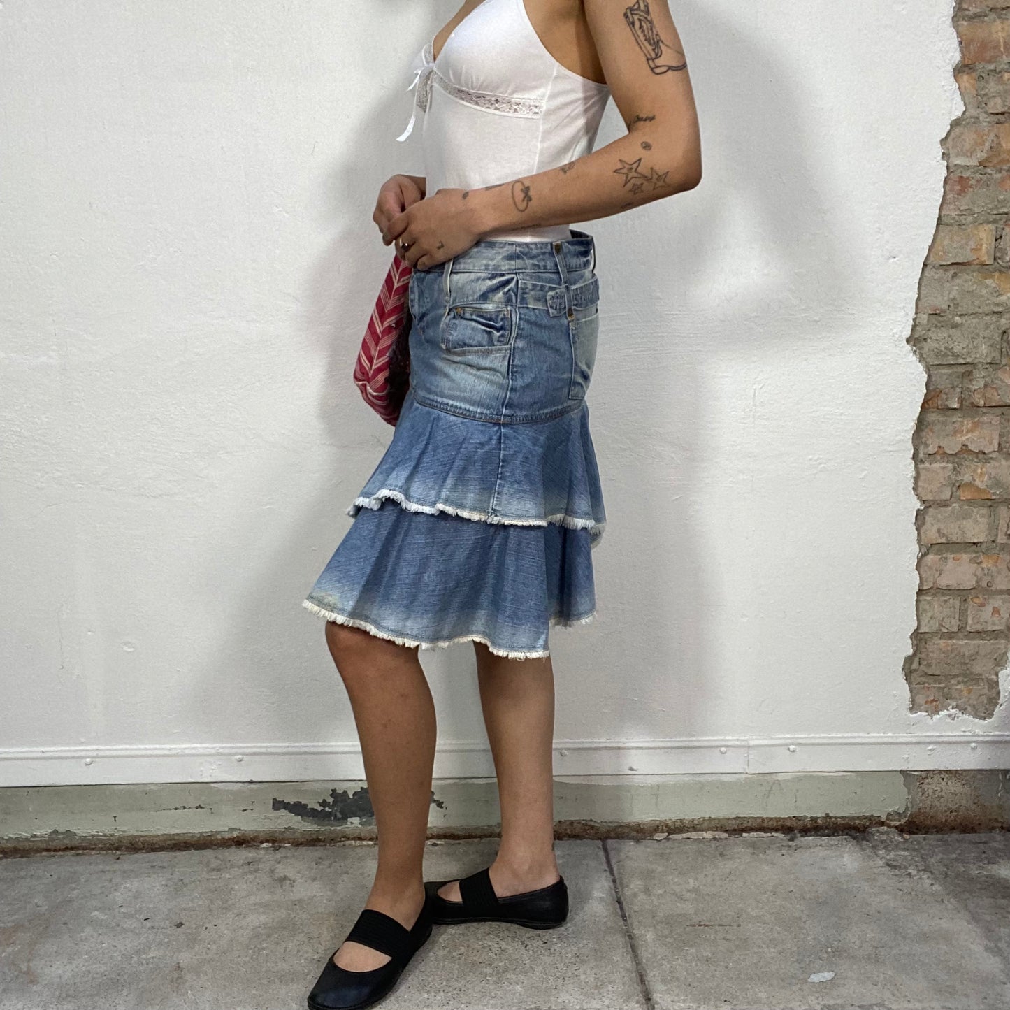 Vintage 2000's Downtown Girl Denim Layered Midi Skirt with Raw Hem (S/M)