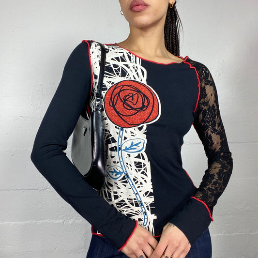 Vintage 90's Archive Black Top with Floral Print Detail (S)