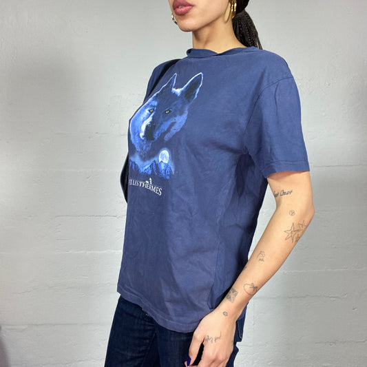 Vintage 2000's Sleaze Blue Tee with Wolfe and Moonlight Print (M)