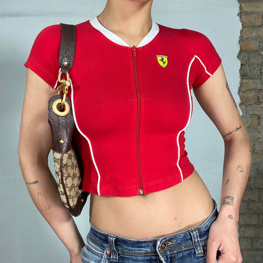 Vintage 2000's Ferrari Red Zip Up Baby Tee with Logo Patch (XS)