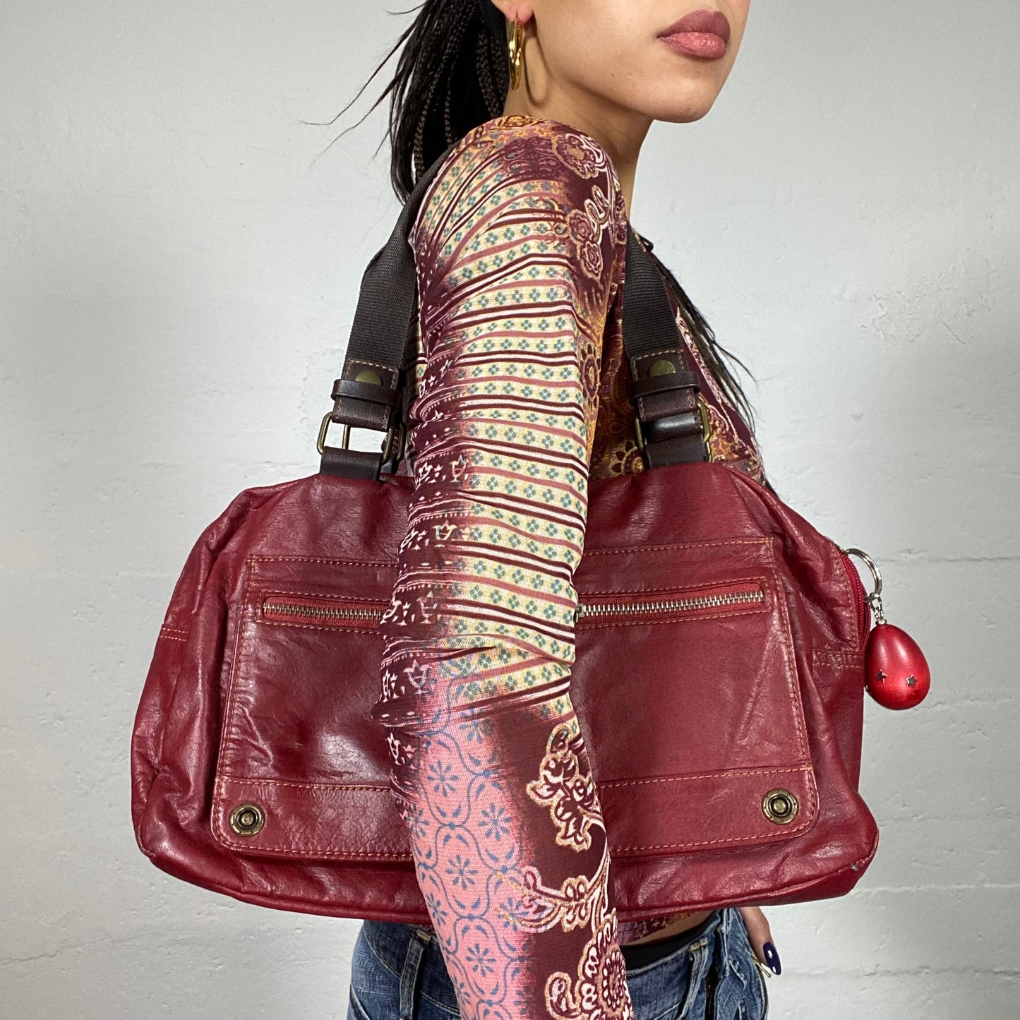 Vintage 2000's Cherry Red Shoulder Bag with Big Pockets Detail