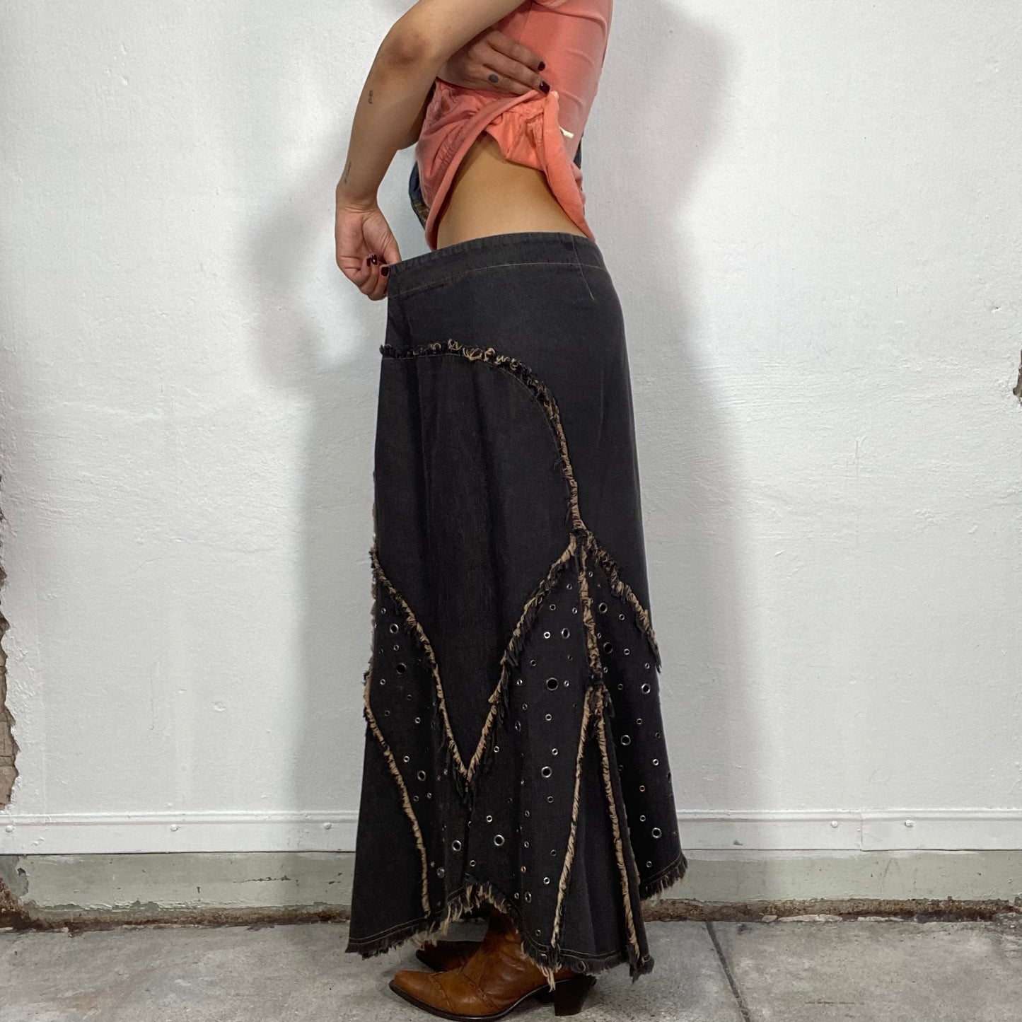 Vintage 90's Grunge Black Denim Maxi Skirt with Raw Hem and Eyelet Details (M/L)