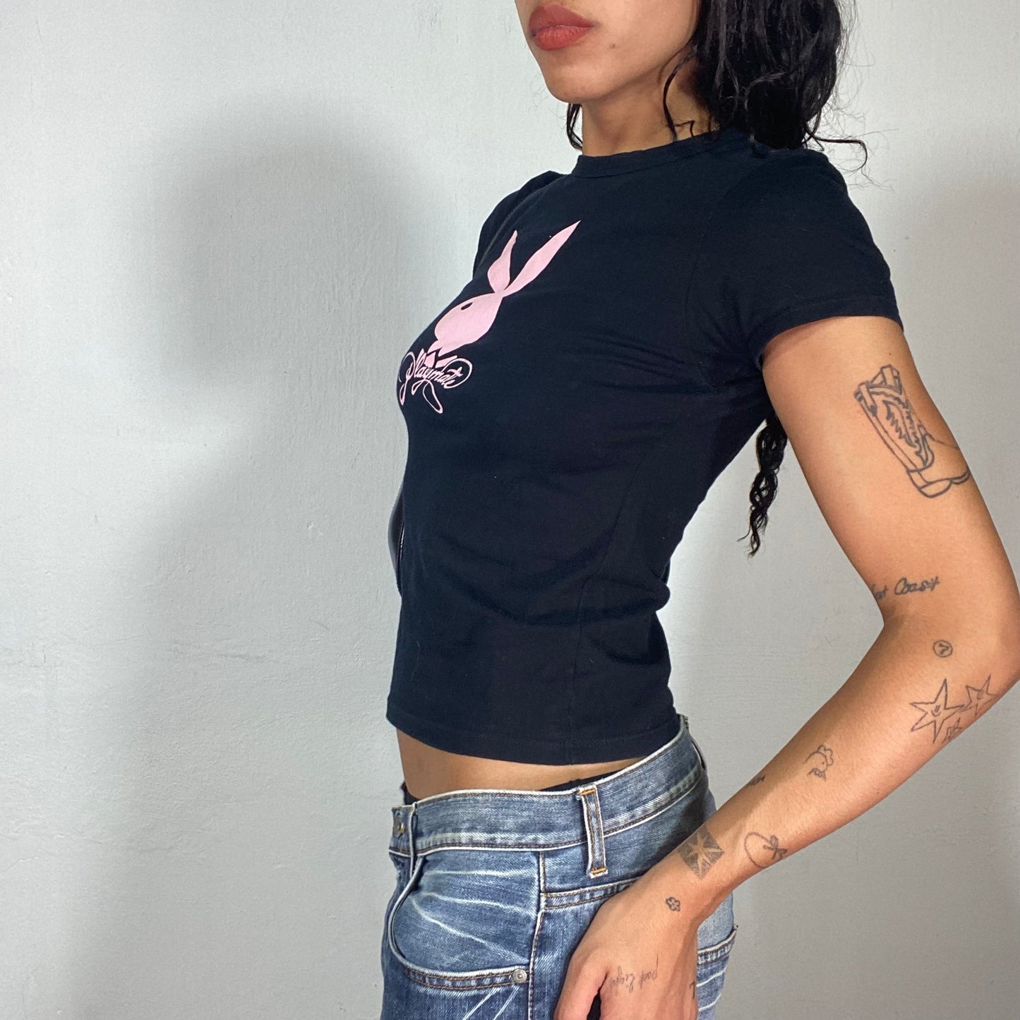 Vintage 2000's Playboy Downtown Girl Black Top with Pink Logo Detail (XS)