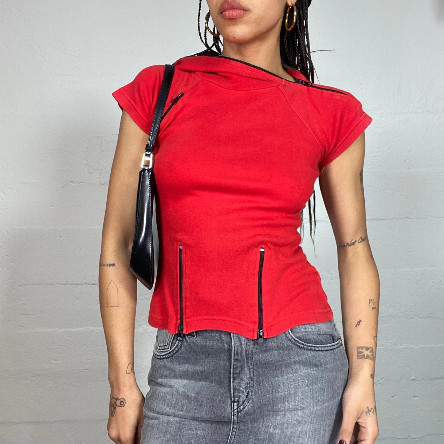 Vintage 2000's Rave Red Top with Black Zips Decoration (S/M)