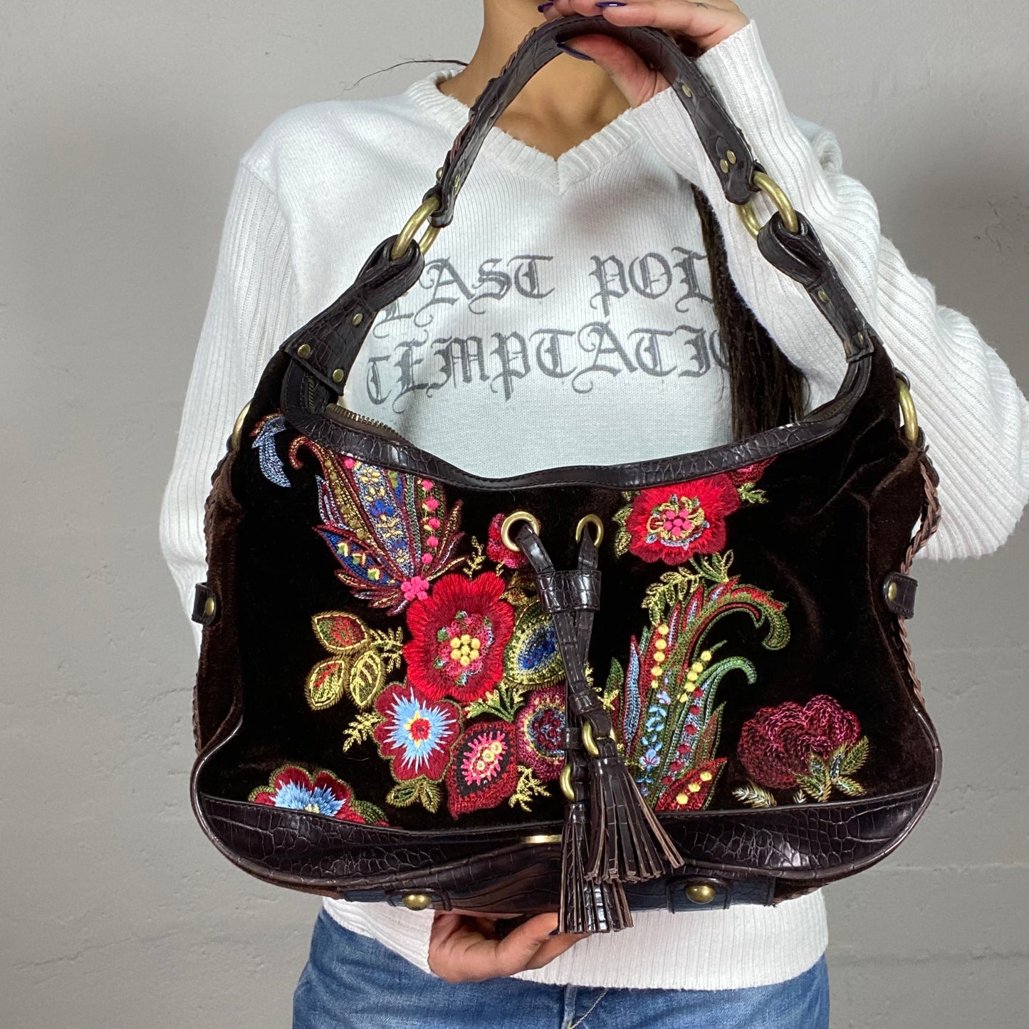 Vintage 90's Just Cavalli Phoebe Buffay Black Squared Shoulder Bag with Colourful Floral Embroidery