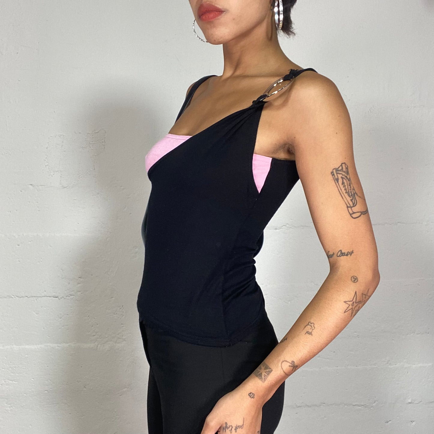 Vintage 90's Clubwear Black One Shoulder Top with Pink Chest and Metal Ring Detail (S)